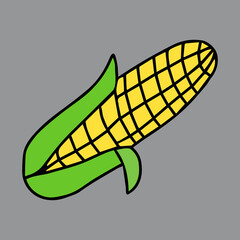 Yellow and green Hand-drawn outline vector illustration of a corn isolated on a gray background for holiday or dinner for cooking book
