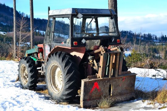 Old Tractor Adapted For Forestry Work In Beskydy Mountains, Frenstat Pod Radhostem, Czech Republic