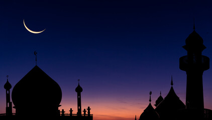 Mosques dome on dark blue twilight sky and crescent moon on background, symbol islamic religion and...