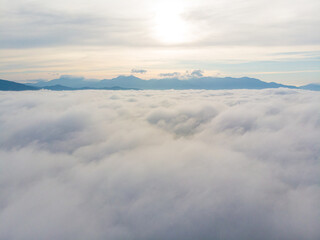 Fototapeta na wymiar Aerial view morning sunrise cloud with fog colorful sky cloud
