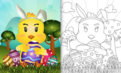 coloring book for kids themed easter with a cute chick using bunny ears headbands hugging eggs