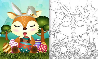 coloring book for kids themed easter with a cute deer using bunny ears headbands hugging eggs