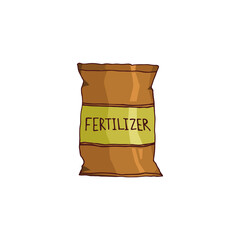 Doodle image of a bag of fertilizers. Garden element. Vector hand-drawn image for stickers, postcards, icons, web.