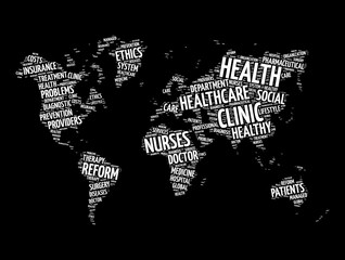 Fototapeta na wymiar Health and Life World Map in Typography, sport, health, fitness word cloud concept background