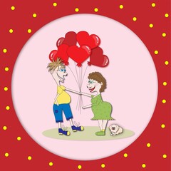 lovers man and woman with balloons and a dog