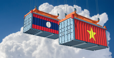 Freight containers with Vietnam and Laos flag. 3D Rendering 