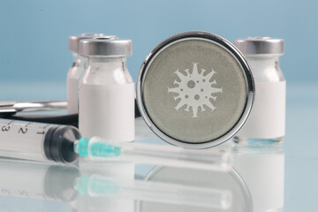 Close up image of vaccine or injection bottles with blank white label.  Vial bottle mockup. Science, vaccination, immunization, health care and medical concept. 
 