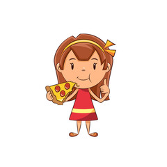 Girl eating pizza showing thumbs up