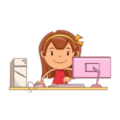 Girl working on computer, happy cute child