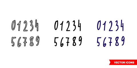 Numbers written by hand icon of 3 types color, black and white, outline. Isolated vector sign symbol.