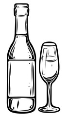 Wine bottle and glass, monochrome, vector