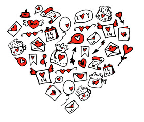 Black outline interspersed with red elements of the Valentine's doodle make up a heart figure in vintage style on a white background Vintage vector illustration. A poster for Valentine's Day. Romantic