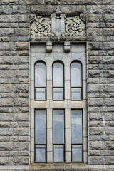 Architectural fragments of Finnish National Theatre (Suomen Kansallisteatteri) building on the Rautatientori square in Helsinki. Finland.