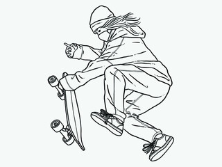 A woman playing surf skating. 
Wear a mask. New normal. Human character on white background. Hand drawn style vector design illustrations.