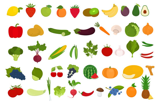 Set of fruits and vegetables on a white background. Healthy food