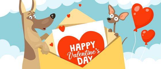 Cute funny dogs shepherd and chihuahua hold a valentine's day envelope in their paws. Cartoon vector illustration