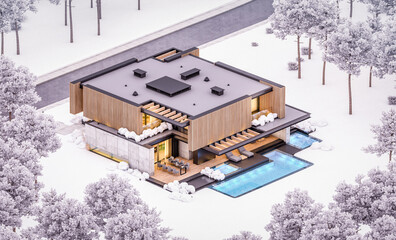 3d rendering of modern cozy house with parking and pool for sale or rent with wood plank facade and beautiful landscaping on background. Cool evening winter with cozy light from windows