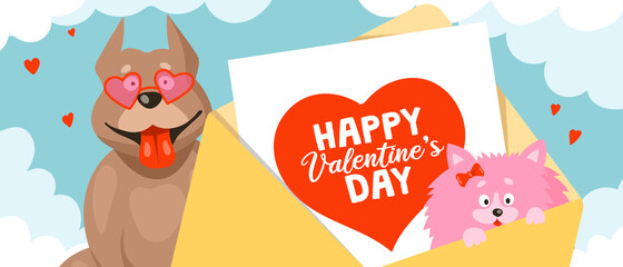 Funny pitbull dogs in heart-shaped sunglasses and a small spitz in an envelope with a valentine card. Cartoon vector illustration