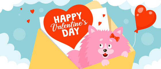 Little cute pink Spitz dog sits in an envelope with a valentine postcard. Cartoon vector illustration