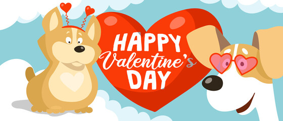 Cute corgi and jack russell terrier dogs in funny valentine costumes and a big red balloon. Cartoon vector valentine's day card or banner