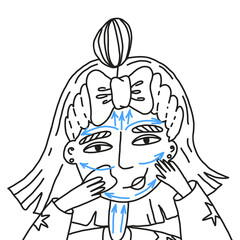 Woman doing facial massage jade gua sha stone scraper. Traditional Chinese anti-aging beauty routine with directions..