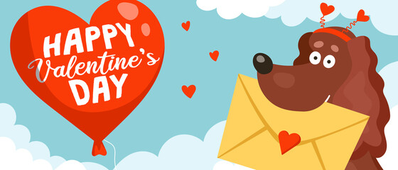 A cute funny dog spaniel holds an envelope with a valentine card in its teeth and a big red balloon happy valentine's day. Cartoon vector card or banner