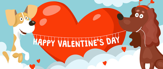 Two cute funny dogs spaniel and jack russell terrier hold a garland in their teeth with the inscription Happy Valentine's Day. Cartoon vector card or banner