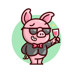 COOL PIG WITH BLACK SUIT AND BLACK GLASSES CHEERS WITH A GLASS OF RED DRINK