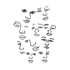 Naklejka premium Abstract surreal faces, different emotions, art. Many different faces. Fashion portrait. Hand drawn vector sketch. Modern trendy design for posters, flyers, invitations. Minimal poster.