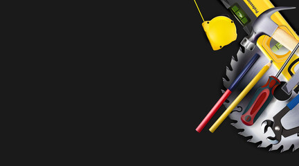 Dark 3d composition of set tools of carpenter or construction isolated. Copy-space