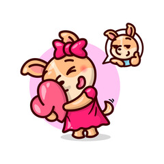 CUTE FEMALE DOG HUG A HEART PILLOW PRESENT FROM HER BOYFRIEND. VALENTINE'S DAY ILLUSTRATION.