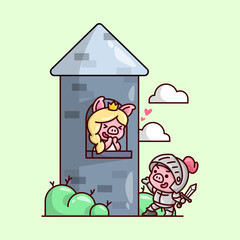 CUTE PIG KNIGHT WEARING ARMOUR SAVE PIG PRINCESS IN A CASTLE