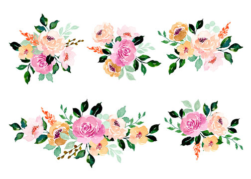 Collection of purple roses, peach blossoms with watercolor
