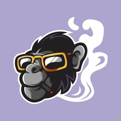 Monkey with glasses mascot logo design vector. Illustration of a monkey addicted to a cigarette