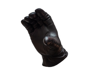 black leather glove shows open mouth gesture. isolated white background.