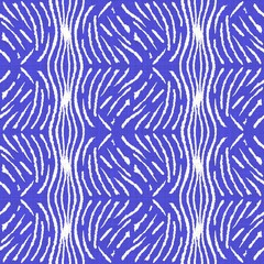 Obraz premium Azure blue white stripe linen texture background. Seamless ikat textile effect. Weathered dye pattern. Coastal cottage beach home decor. Modern marine fashion irregular line wavy repeat cotton cloth. 