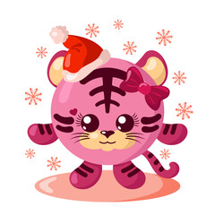 Funny cute kawaii tiger with Christmas hat and round body surroundet by snowflakes in flat design with shadows. Isolated winter holiday vector illustration	