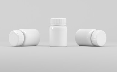 White Plastic Supplement Bottles Mockup 3D Illustration-Medicine Pharmaceutical