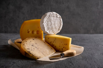 Various types of cheese on grey board. Dark moody. Free space for your text. Closeup.