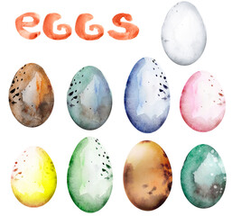 bird eggs watercolor set and lettering for decorating , leaflets, web, souvenirs,  design, print, invitation, wrapping.