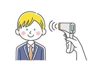 赤外線温度計で検温される白人ビジネスマンのイラスト