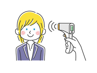 赤外線温度計で検温される白人ビジネスウーマンのイラスト