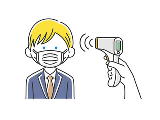 赤外線温度計で検温される白人ビジネスマンのイラスト