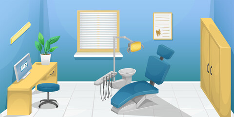 Fototapeta na wymiar Vector illustration of a dentist's office with a dental chair, a desktop with a computer. Dental clinic.