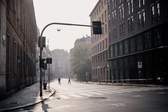 Quiet city street during 2020 Covid-19 Lockdown, Milan, Italy