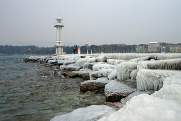 Geneva lighthouse on a frozen pier