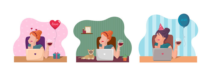 Set vector illustration for St. Valentine s Day. Free woman's on online dating or try to found couple. Chatting and drinking red wine. Flat vector illustration for web, landing page. Libber woman.