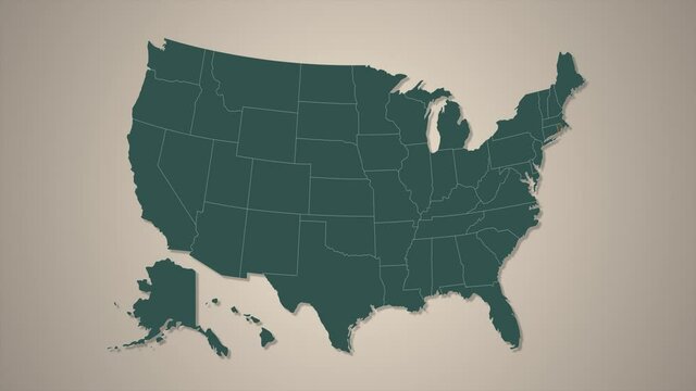 Animated close up map of Rhode Island highlighted from map of USA.