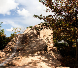 A waterfall on a stone wall. A tree near the waterfall.