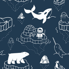 Seamless pattern with hand-drawn illustrations of arctic animals and eskimo floating on iceberg. Simple doodle drawings with polar animals - bear, norval, killer whale, puffin and walrus. - obrazy, fototapety, plakaty